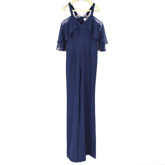 JAYGODFREY Pants - JAY GODFREY Oliver Navy Blue Wide Leg Jumpsuit Chiffon Ruffle Cold Shoulder 2 XS